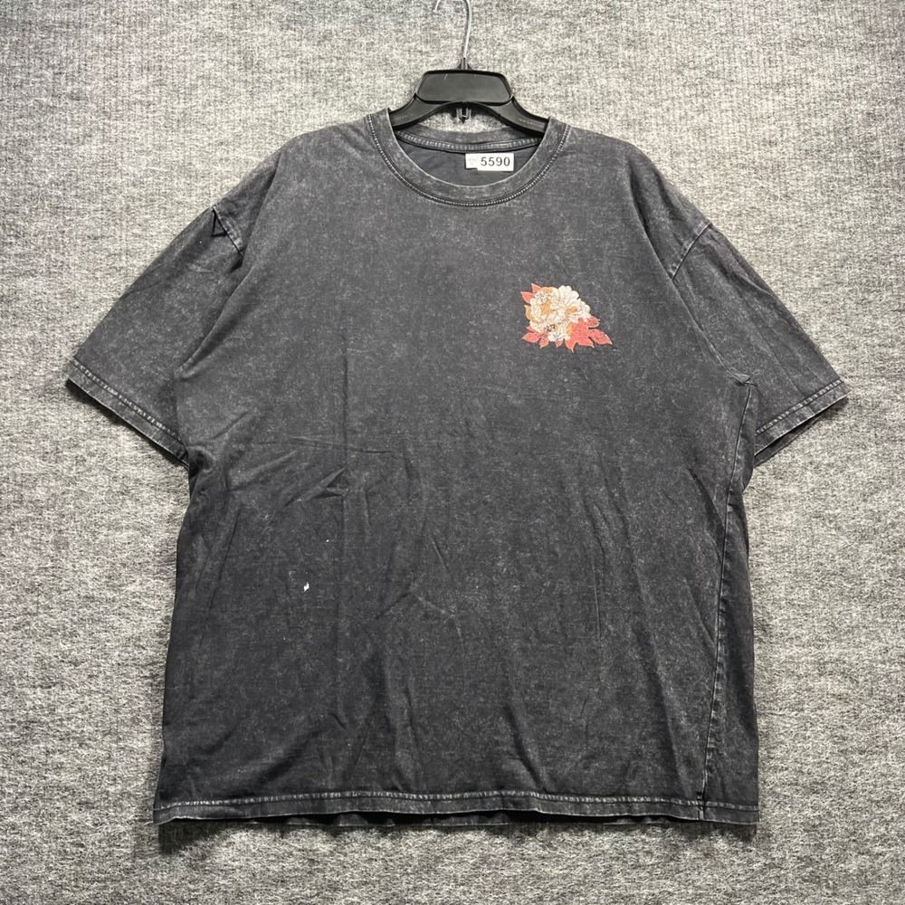 Matthew 6:26 Crane Floral Graphic T-Shirt XL Acid Wash Black Streetwear Tee